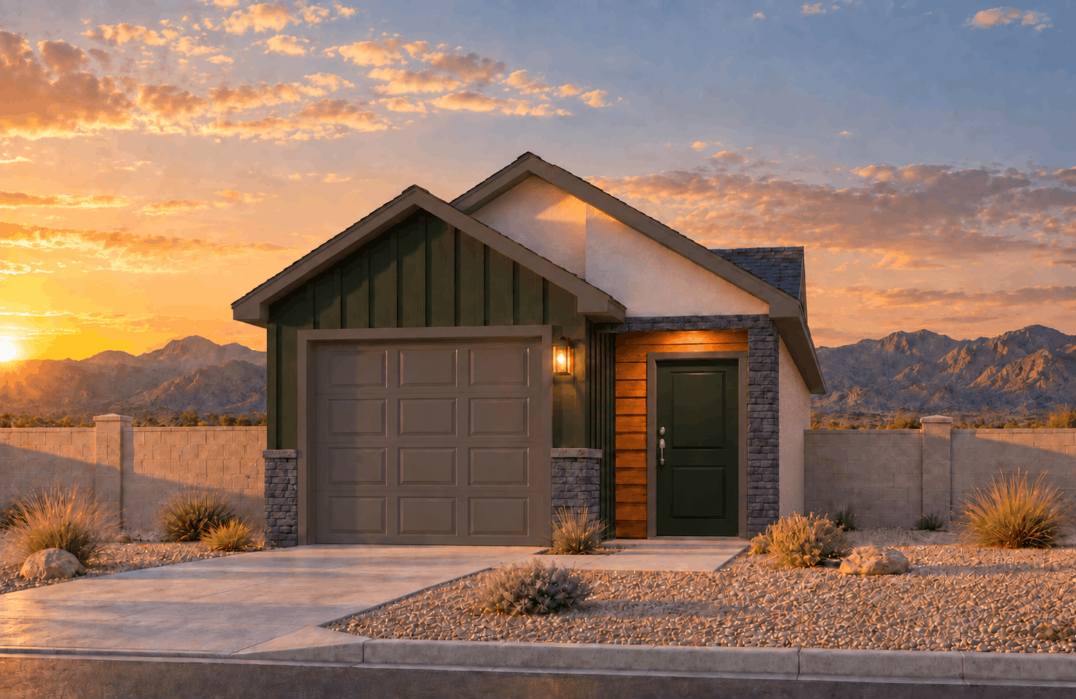 A single-story suburban house with a garage and front door at sunset, set against a desert mountain landscape.